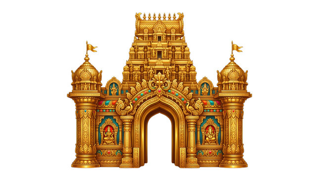 Golden Hindu temple entrance gopuram on black background.