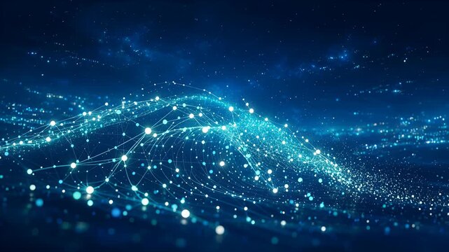 abstract data wave: blue digital particles flowing through space