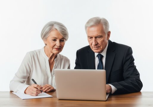 Senior couple working on laptop at desk isolated on white background