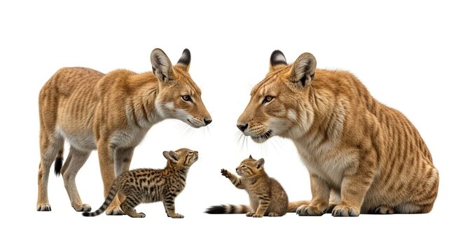 Adorable Fictional Hybrid Big Cat Family: Liger Parent with Cub and Coyote-like Parent with Kitten