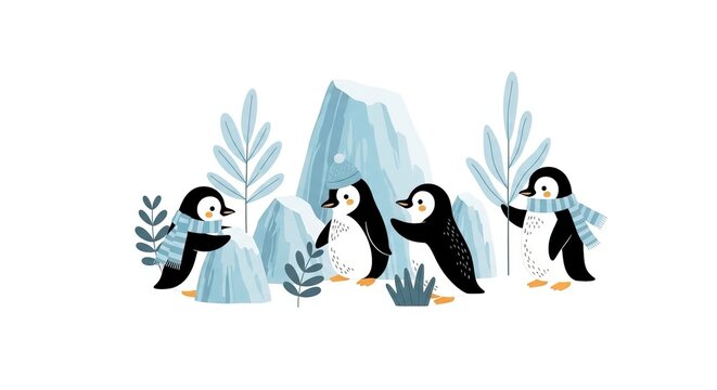 Cute cartoon penguins in a snowy landscape with ice formations and stylized foliage, wearing scarves and hats.