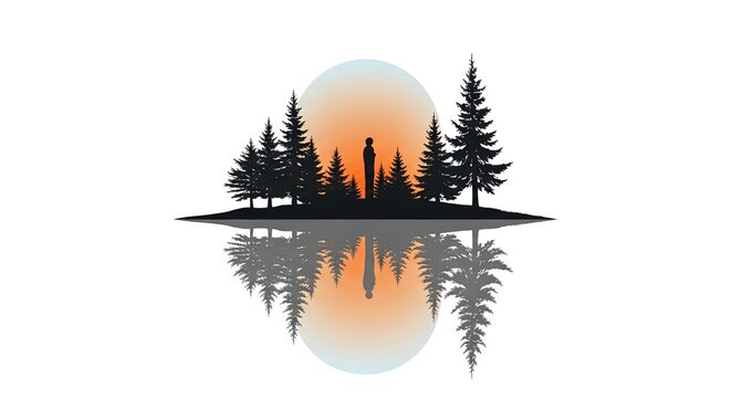 Serene Silhouette of a solitary figure among pine trees at sunset, reflected in tranquil water