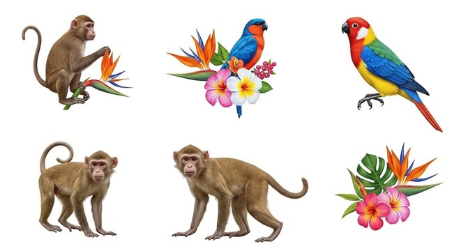 Vibrant Tropical Collection: Monkeys and Parrots with Exotic Flowers on White Background