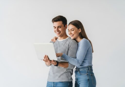 Young couple looking at a laptop screen together isolated on white background