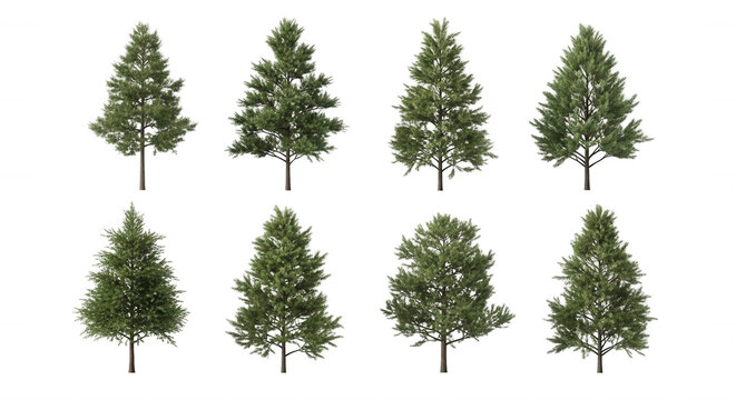 eight rendered evergreen trees in different shapes and sizes against a plain white background 3d modeling
