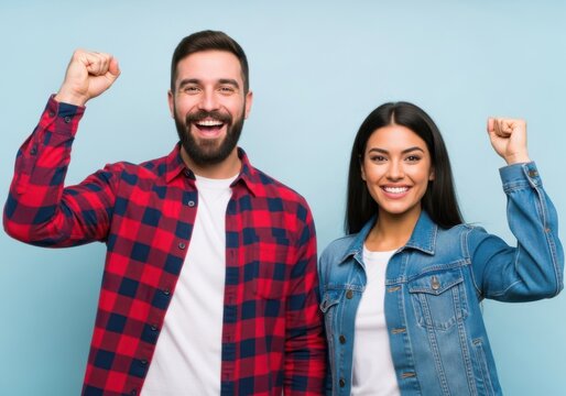 Happy young couple celebrating success with arms raised against a light blue background