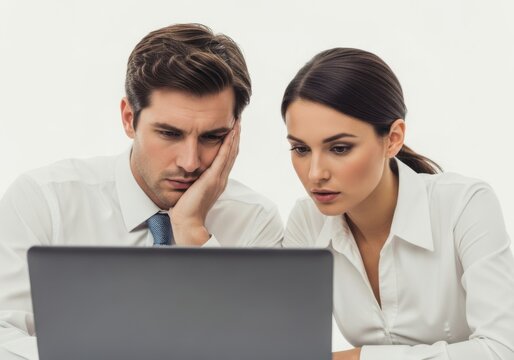 Business colleagues looking at a laptop screen with concerned expressions isolated on white background
