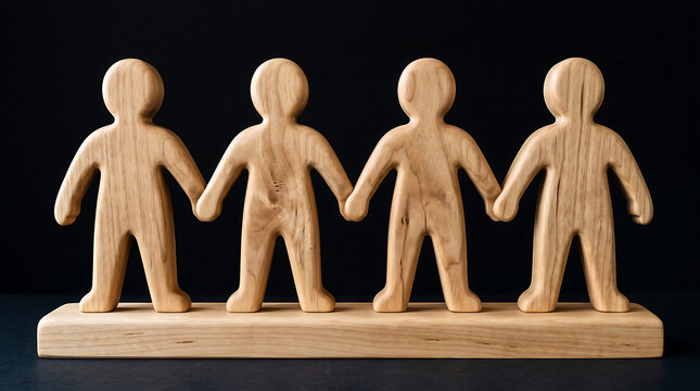 Four wooden figures holding hands in unity on a dark background.