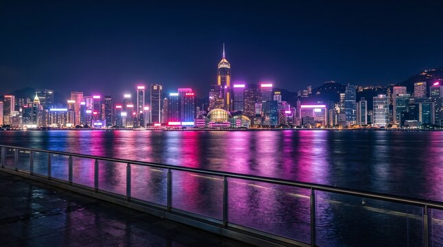 Vibrant nightscape of hong kong skyline with colorful lights