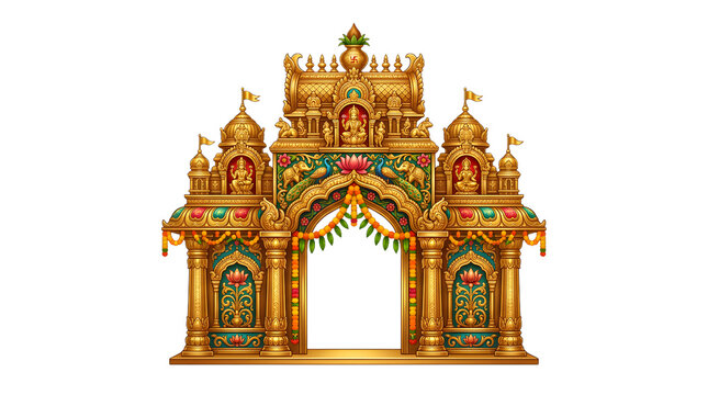 Golden Indian temple entrance gopuram gate.
