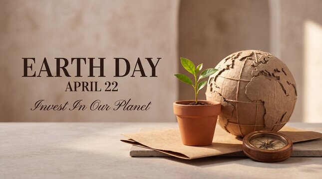 Earth Day April 22 banner with green plant in pot. Invest in our planet concept, paper globe and compass on beige background.