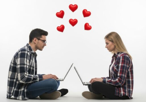 Young couple sitting on the floor using laptops with red hearts floating above them