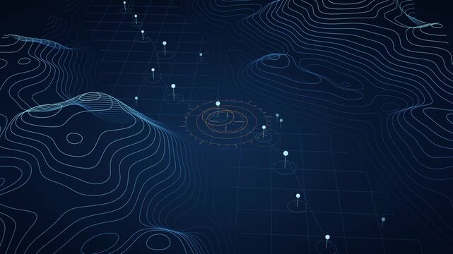 Strait Transit Queue Navigation, Abstract Seamless Loop, Digital Topography Visualization, Oceanic Map Animation, Geospatial Data Flow, Marine Traffic Monitoring, Futuristic Interface Design