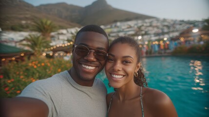 Fototapeta premium Happy young couple taking a selfie at a luxury resort swimming pool during summer vacation