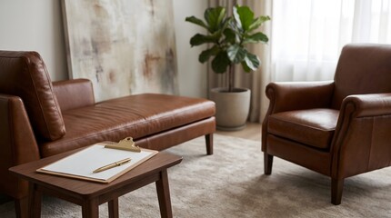Fototapeta premium Serene psychologist office interior featuring a brown leather daybed, an armchair, and a wooden table with a blank clipboard and pen ready for a counseling session.