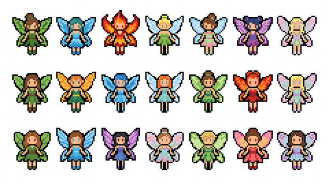 Set of colorful pixel art fairy sprites with magical wings for fantasy game character design