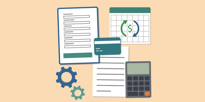 Recurring payment form, calendar, bank card, calculator, gears, recurring arrows and financial documents. Finance automation concept scene. Automated financial management and recurring payment.