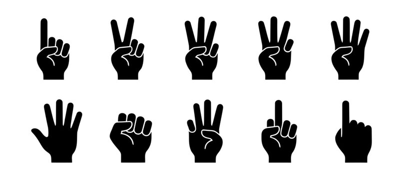 Set of black hand silhouettes showing different numbers and finger gestures for counting and communication