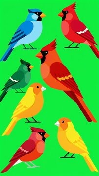 Pixel art birds compilation of cardinals blue jays and canaries on a green background