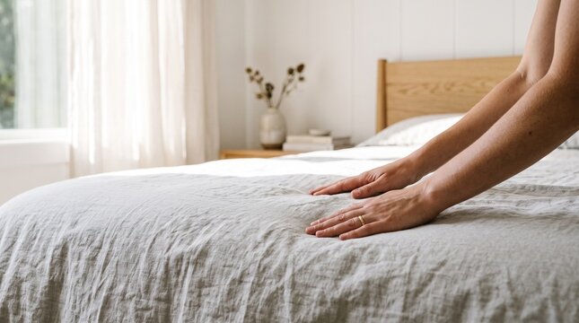 Woman making bed touching soft linen sheets in bright minimalist bedroom