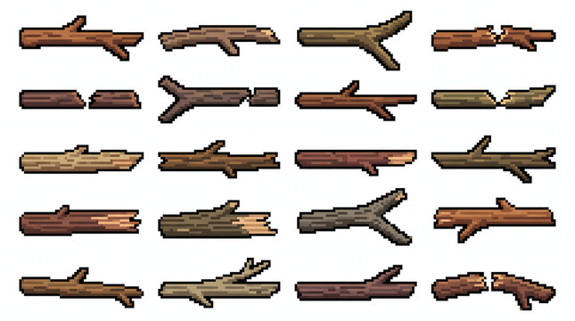 Collection of various brown wooden logs and broken tree sticks in pixel art style for gaming