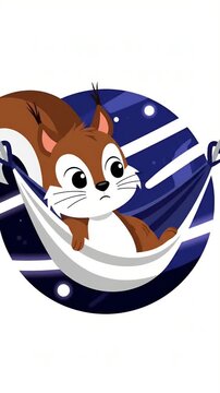 Cute cartoon squirrel relaxing in a hammock against a starry night sky, playful animation