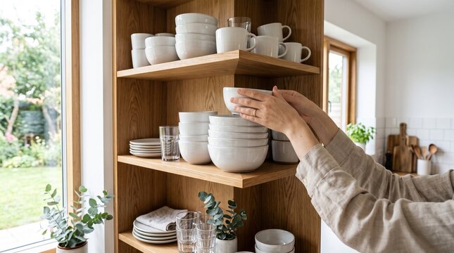 Woman placing white ceramic bowl on wooden kitchen shelf in home interior
