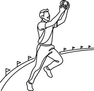 Continuous line drawing of a male athlete jumping and catching a ball.