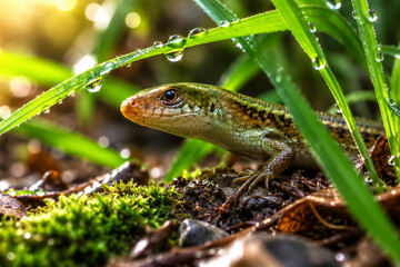 Fototapeta premium Ultra-realistic macro wildlife photograph of a small skink lizard resting among wet moss, grass and fallen leaves, illuminated by warm natural sunlight with sparkling dew drops and a soft forest bokeh