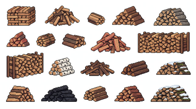 Pixel art firewood collection featuring various timber logs and stacked fuel for game assets