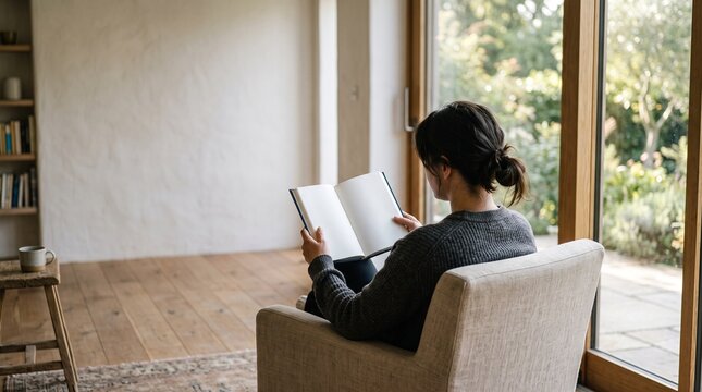 Woman sitting in armchair reading an open book at home
