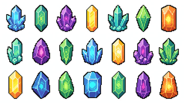 Collection of colorful pixel art crystals and magic gemstones for fantasy video game assets