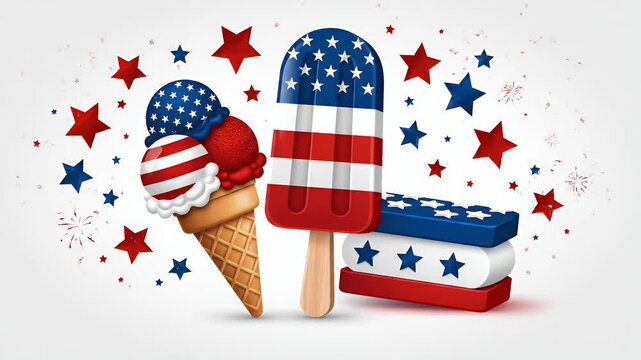 American flag themed ice cream and popsicle treats with stars and confetti, celebration and summer holiday food