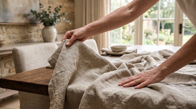 Woman spreading linen tablecloth on dining table in cozy rustic room