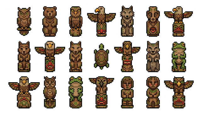 Collection of 8 bit pixel art wooden totem poles and animal statues for retro game assets.