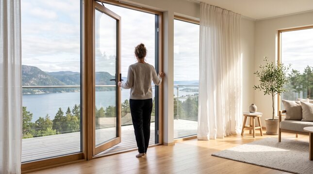 Woman standing by open glass balcony door looking at a scenic lake view