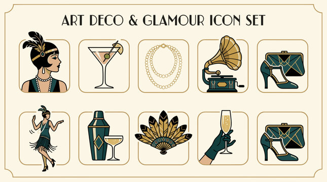 Art deco icon set with flapper woman, cocktail, pearls, gramophone, clutch, heels, shaker, fan, champagne