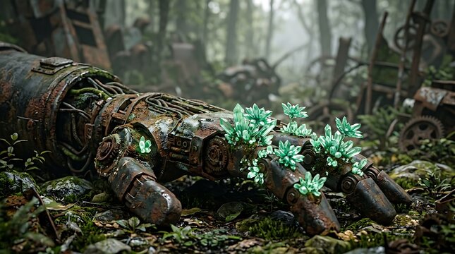 Old broken robot hand covered in small green succulents in a misty forest