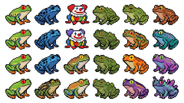 Various colorful pixel art frog sprites and clown characters for retro game development assets