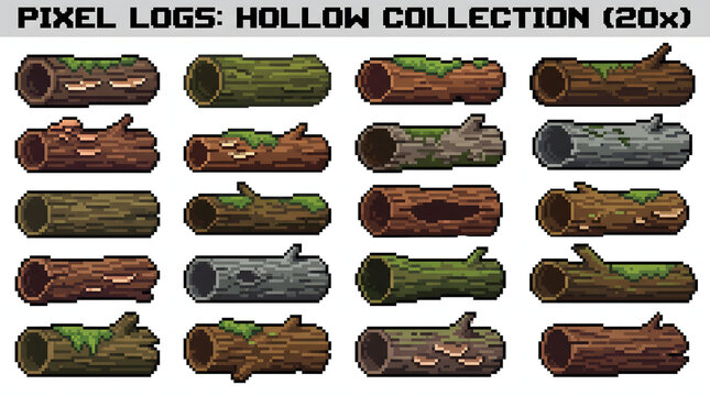 Diverse set of twenty hollow wood log pixel art assets for retro video game environments.