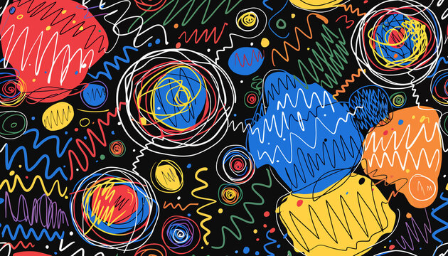 Abstract Colorful Doodle Pattern on Black Background - Retro Fun Style