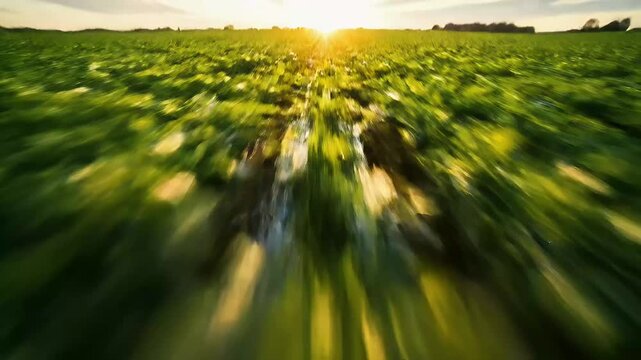 Vast green field at sunset with sunburst, cinematic footage of agricultural landscape and sky