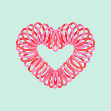 Minimalist flat design illustration featuring a pink and red coiled helical spring toy curved into a heart shape, set against a solid pastel mint green background for a clean look.