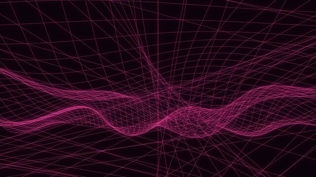 Futuristic pink digital grid wireframe wave with glowing connection lines on black background, abstract technology data visualization.