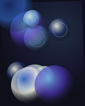 Deep blue and purple abstract spheres with soft glowing light and transparent overlays
