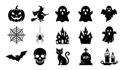 Fototapeta premium Halloween icons collection featuring spooky pumpkins ghosts witches bats skulls and haunted houses for design projects