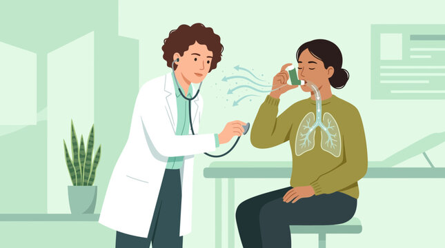 Doctor helps patient with asthma inhaler, lung illustration
