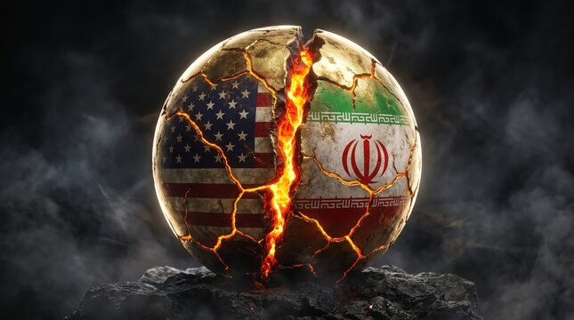 Cracked sphere with national flags with flags fire illustration destruction political turbulent conflict division dramatic abstract with conflict war