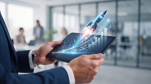 Business professional holding tablet with rocket and rising financial charts, symbolizing startup growth, business acceleration, investment success, innovation, strategy, and digital transformation.