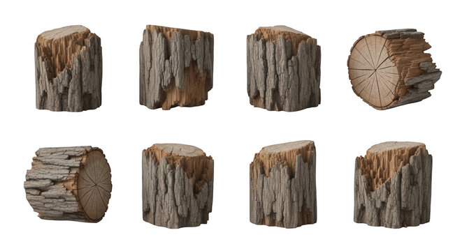 assorted 3d rendered weathered tree stumps in different angles against a plain white background for use in illustrations